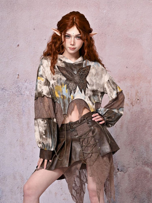 Leather Patchwork Elf Hat Loose Hooded Sweatshirt【s0000007667】