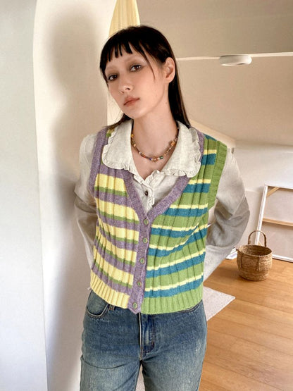 Striped Layered Knit Cardigan Vest [S0000010103]