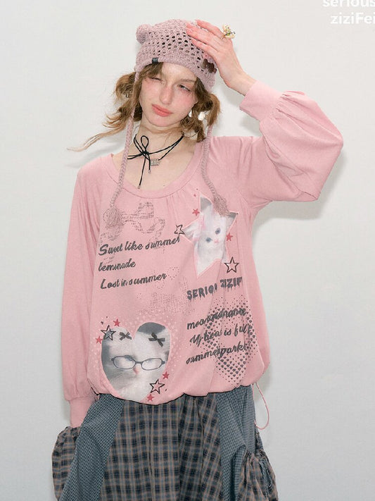 Lantern Sleeve Cat Print T-Shirt【s0000017878】