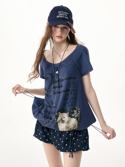 Cat Print Lazy Drawstring T-Shirt【s0000017253】