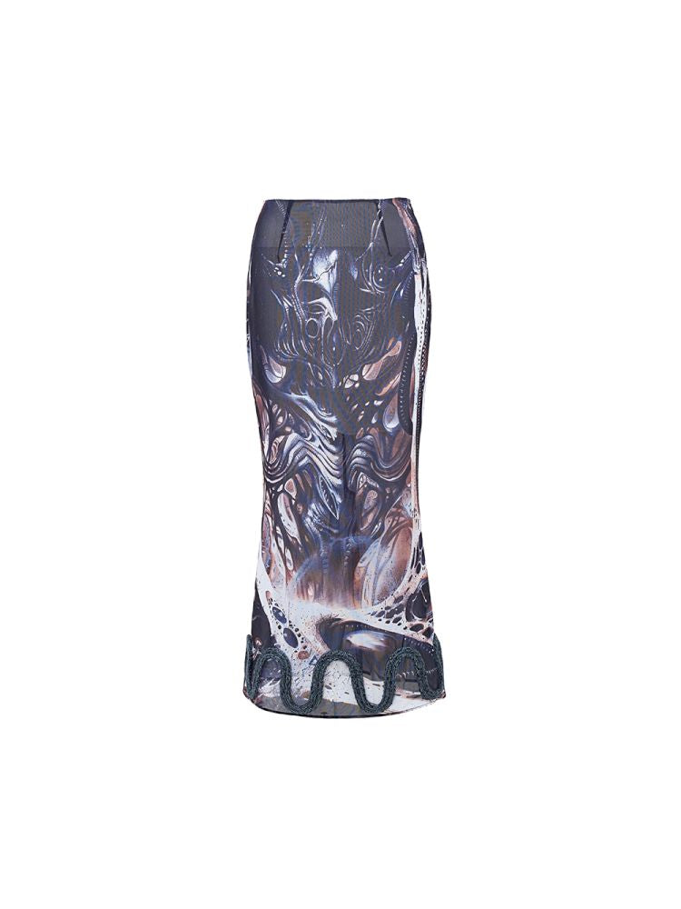 Printed Shaped Slit Mesh Half-body Dress【s0000012466】