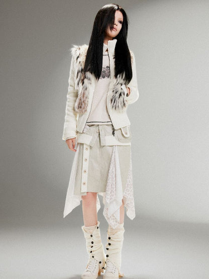 Knit Splicing Eco-Fur Slim Jacket【s0000011251】