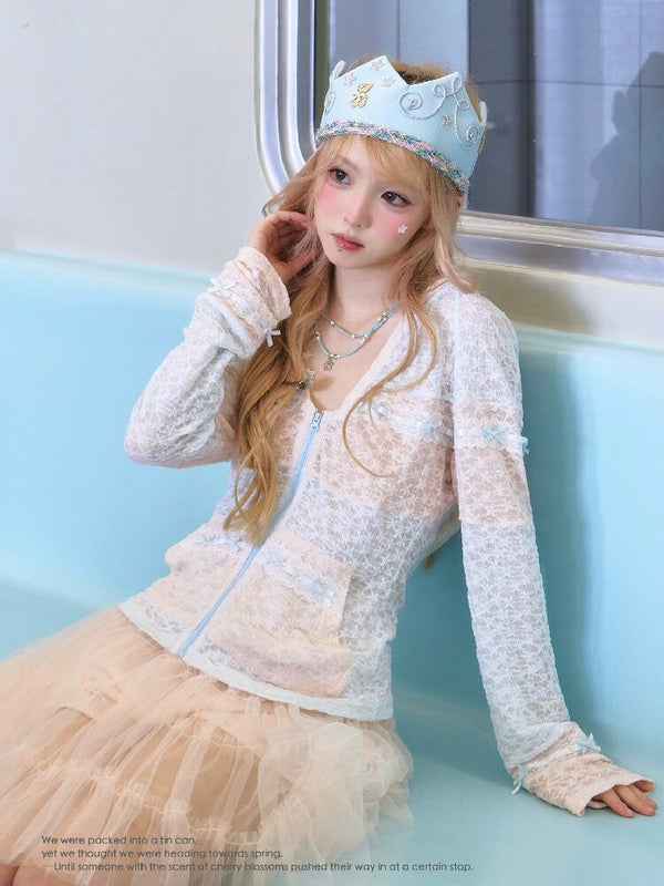 Blue Pink Sheer Lace Hooded Layer【s0000016369】