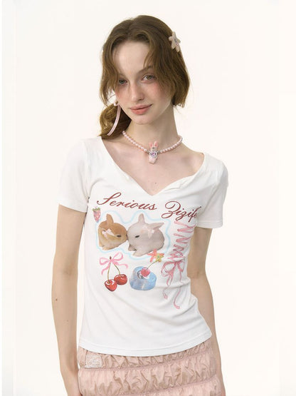 V-neck Rabbit Print Slim Thin Tops【s0000012252】
