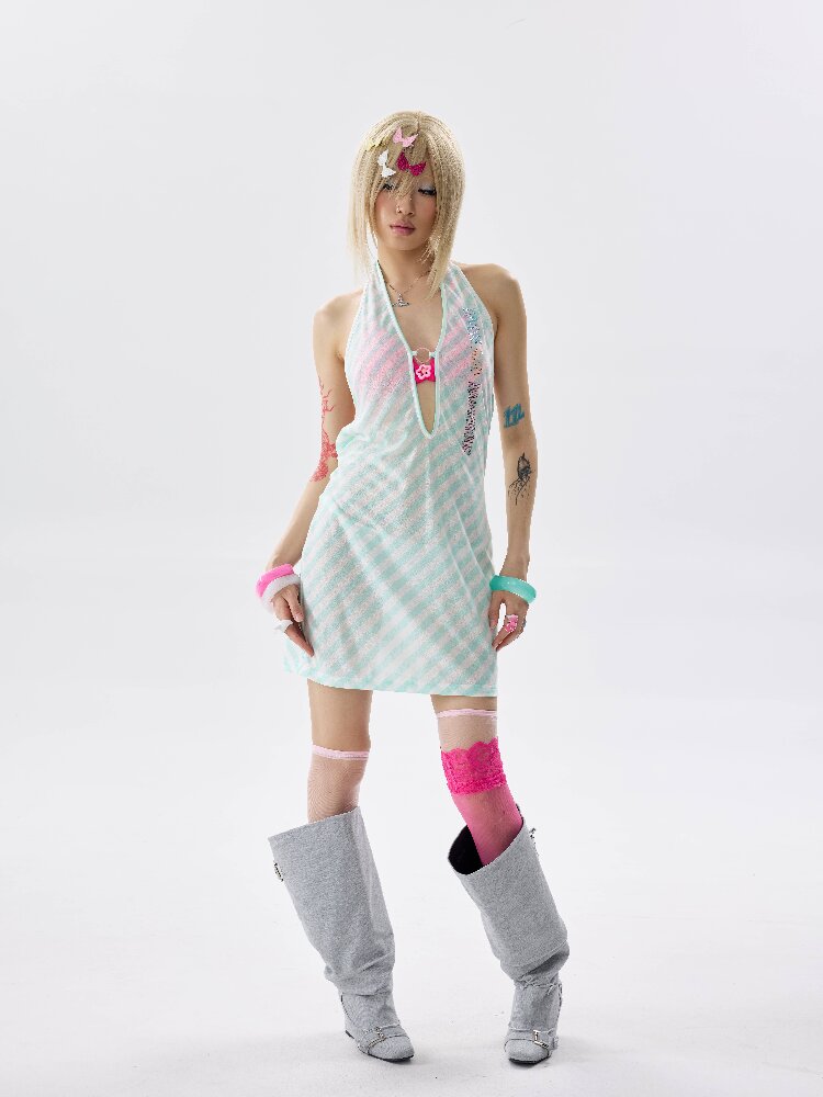 Divine Dangerous Deep V Stripe Dress【s0000017644】
