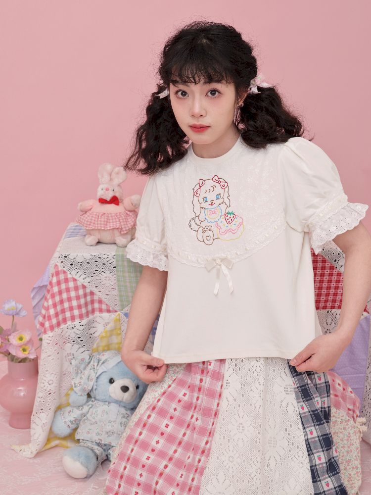 Lace Ribbon Bubble Sleeve T-Shirt【s0000012014】