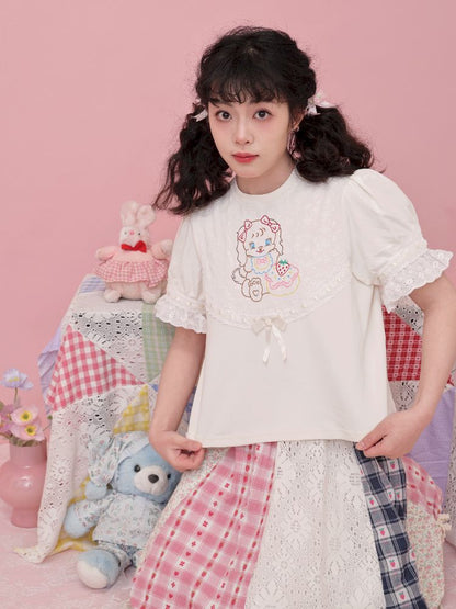 Lace Ribbon Bubble Sleeve T-Shirt【s0000012014】