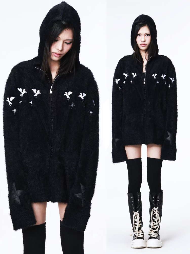 Pentagram Leather Mohair Hooded Jacket【s0000018202】