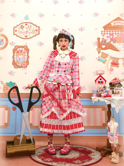 Red Pink Check Lace Skirt Blazer【s0000015574】