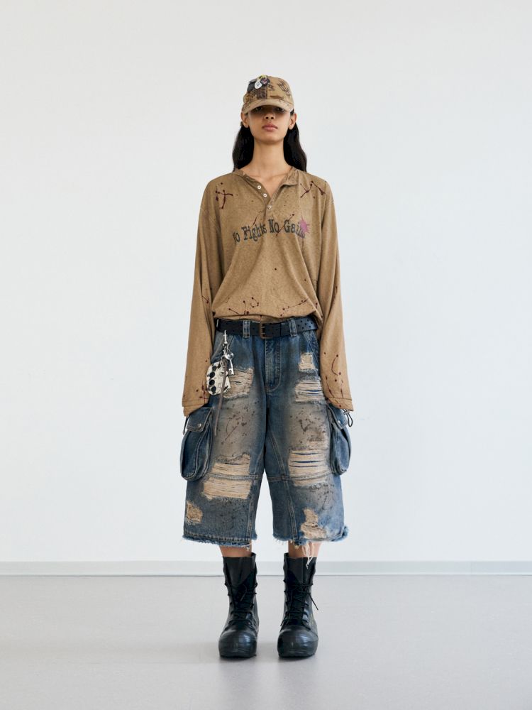 Washed and Ripped Denim Seven-Point Pants【s0000012476】