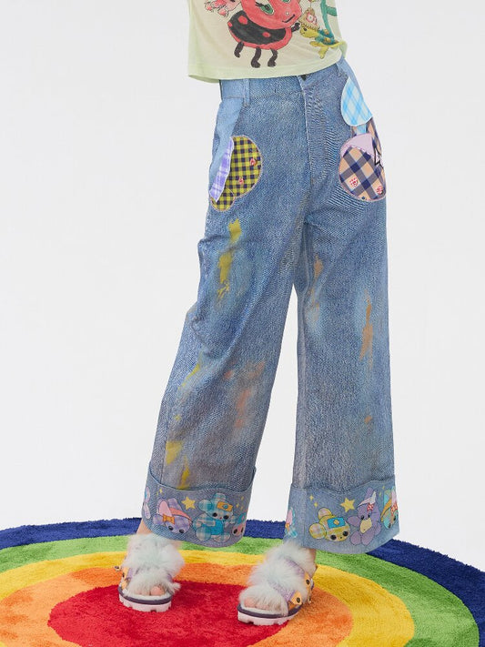 Hand Painted Patchwork Cotton Jeans【s0000016189】
