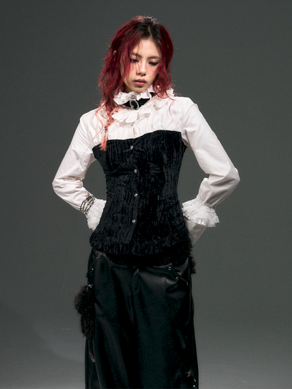 Lace Strappy Flared Velvet Shirt【s0000015014】