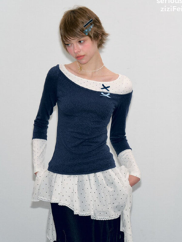 Polka Dot Patchwork Knit Top【s0000017892】