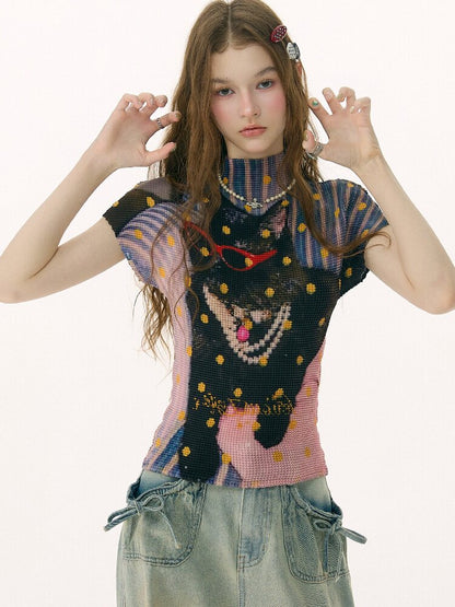 Polka Dot Cat Pleated T-Shirt【s0000016853】