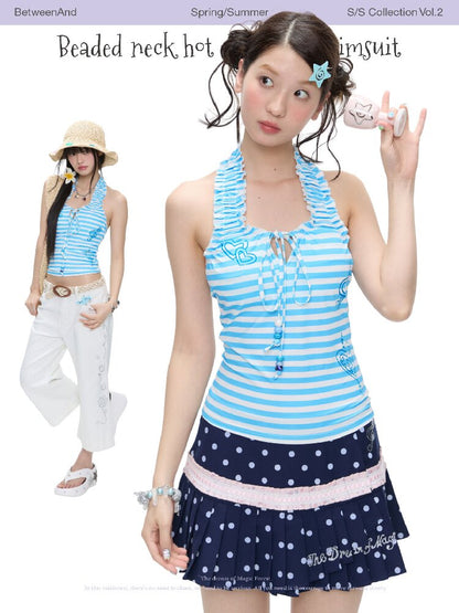 Blue Striped Halterneck Swimsuit【s0000016396】