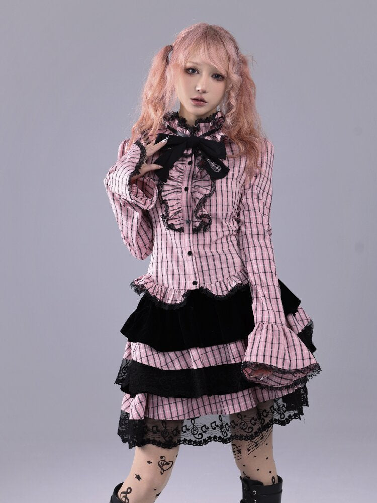 Pink Black Check Bow Flared Shirt【s0000016221】
