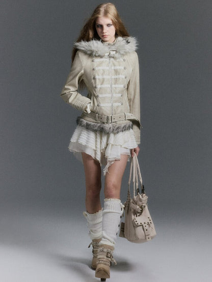 Napoleon Hooded Wool Collar Leather Coat【s0000019239】