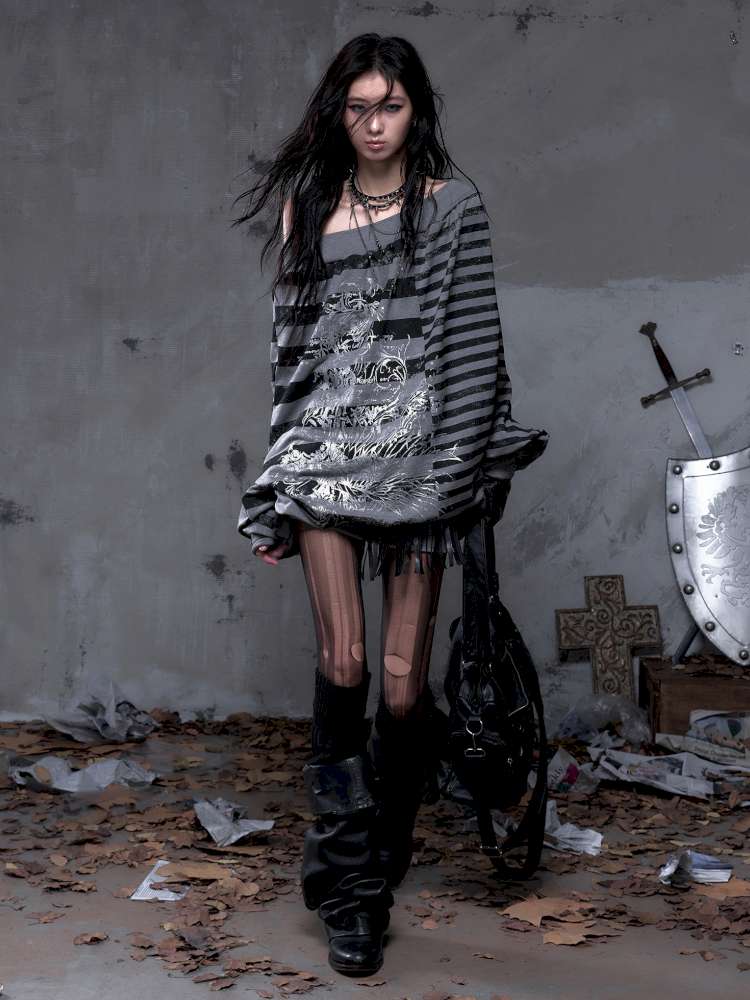 Striped Print Loose Bat Sleeve Dress【s0000014658】