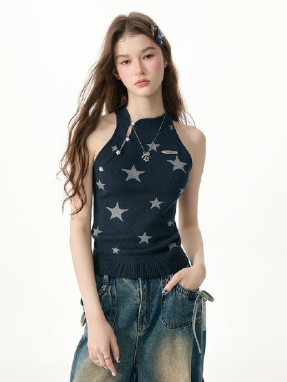 Summer Lazy Star Print Halter Knit Tank Top【s0000017254】
