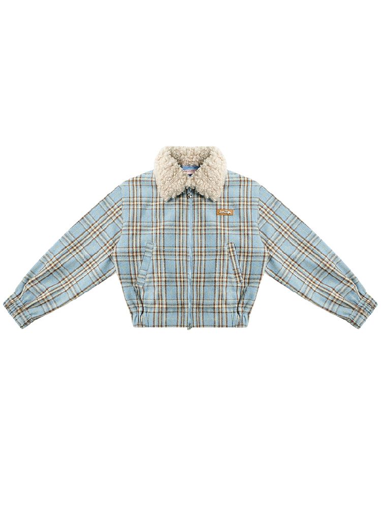 모피 칼라 슬림 블루 격자 무늬 짧은 코트 [S0000011507]