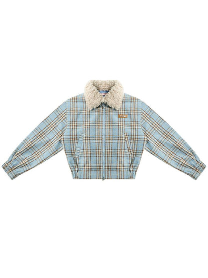 모피 칼라 슬림 블루 격자 무늬 짧은 코트 [S0000011507]