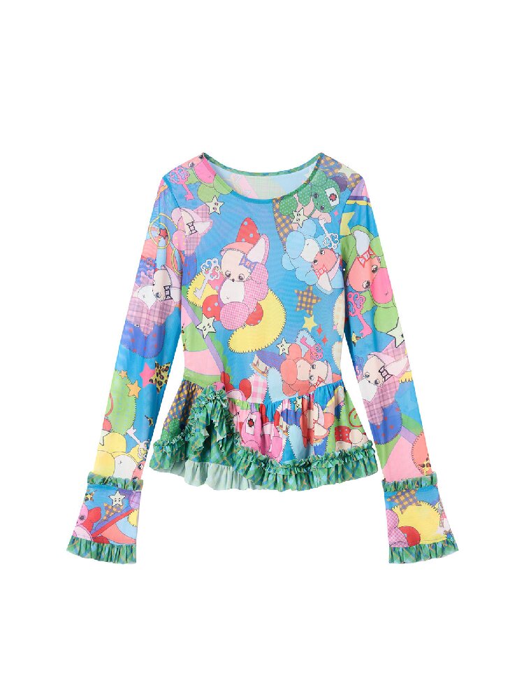 Two Color Cartoon Mesh Lace Top【s0000016197】