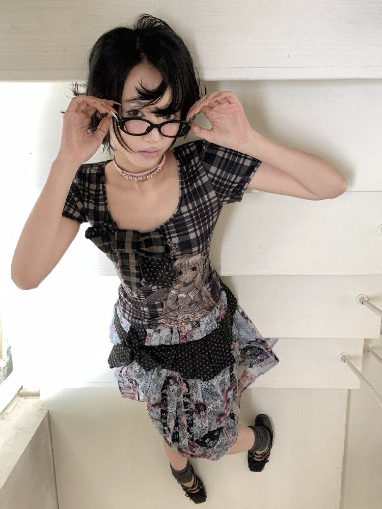Patchwork Bow Cartoon Check T-Shirt【s0000018082】