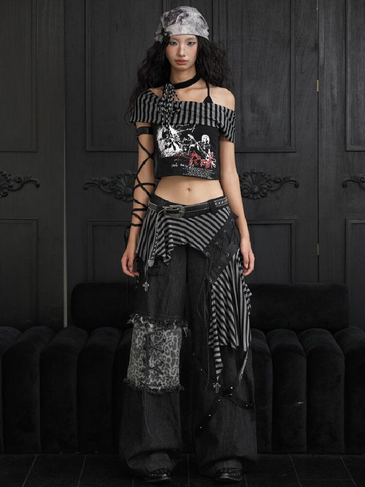 Striped Patchwork Wide Leg Jeans【s0000018182】