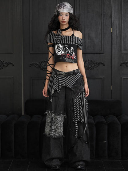 Striped Patchwork Wide Leg Jeans【s0000018182】