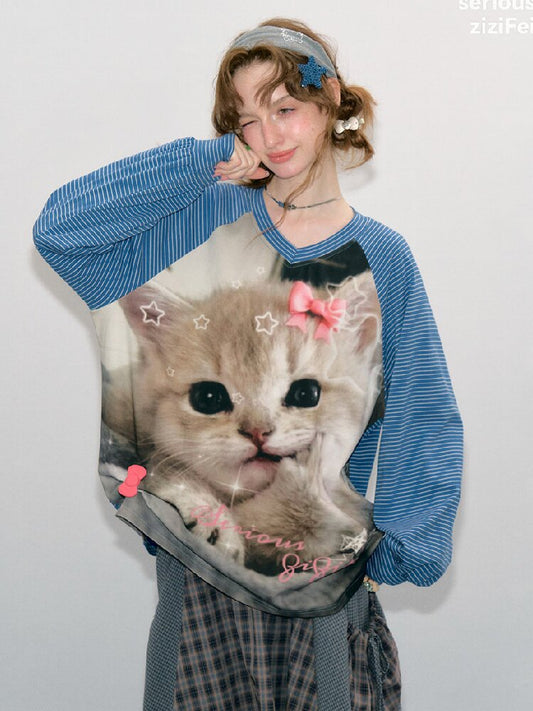 Striped Cat Print Sweatshirt Top【s0000017881】