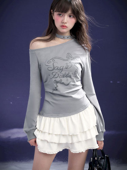 Diagonal Shoulder Printed Cake Skirt Dress【s0000011669】