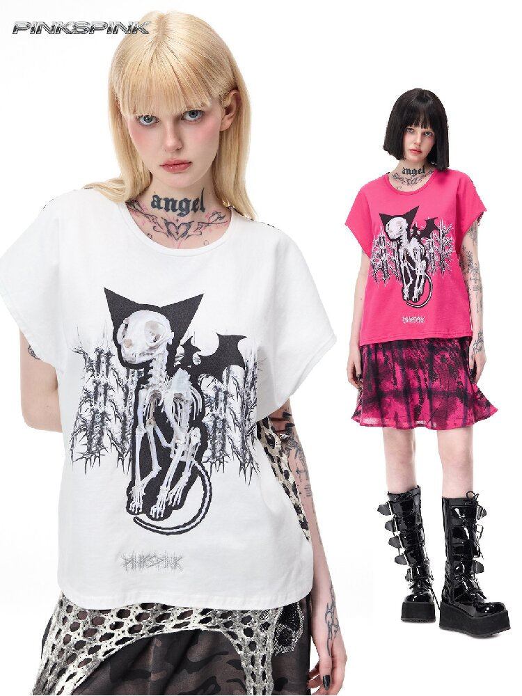 Cat Bone Print Patchwork Top【s0000017718】