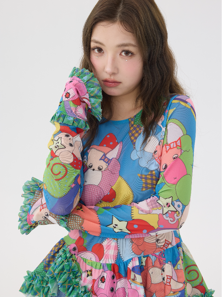 Two Color Cartoon Mesh Lace Top【s0000016197】