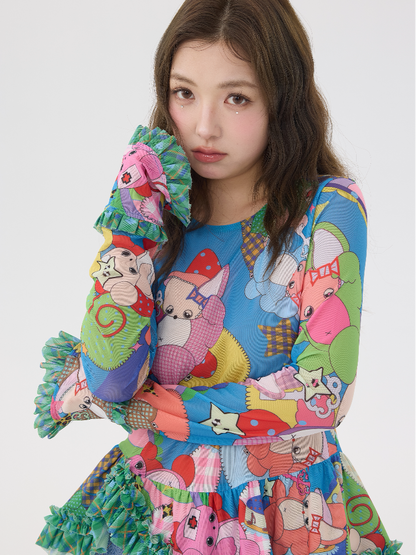 Two Color Cartoon Mesh Lace Top【s0000016197】