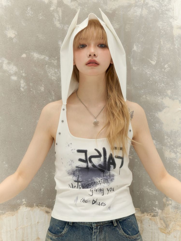 Imp Graffiti Printed Backless Hooded Neck Cami T-Shirt【s0000008398】