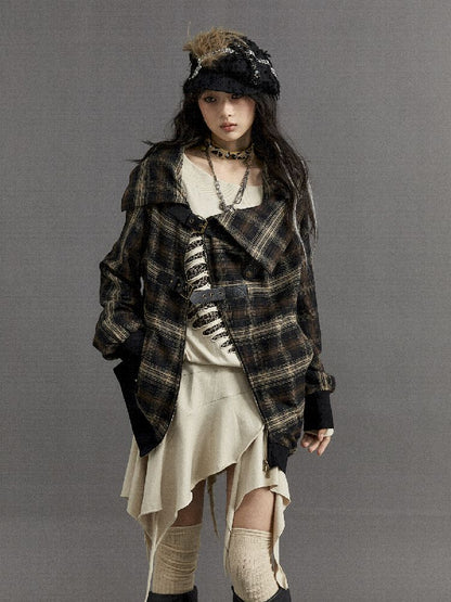 LOOSE PLAID ASYMMETRICAL SWEATER JACKET [S0000010326]