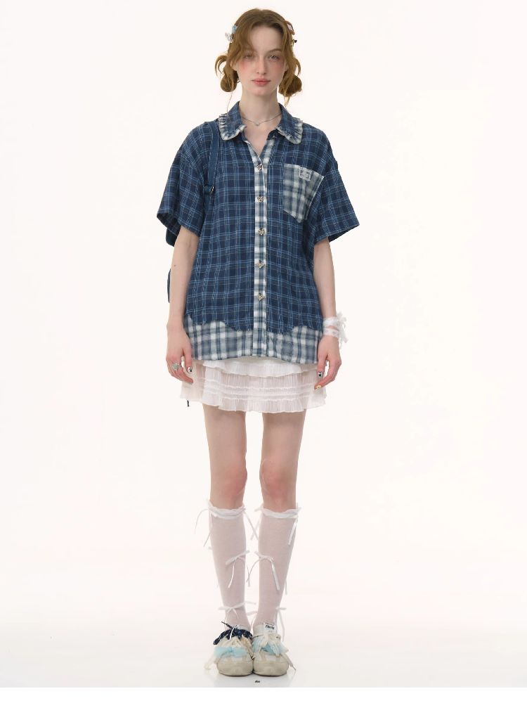 Plaid Patchwork Short Sleeve Shirt【s0000012230】