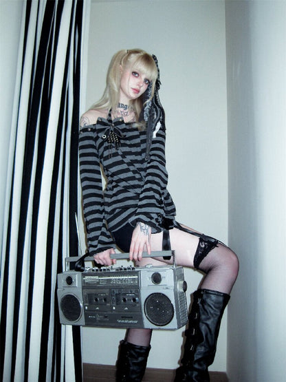 Rivet Eyelet Striped T Shirt【s0000016390】