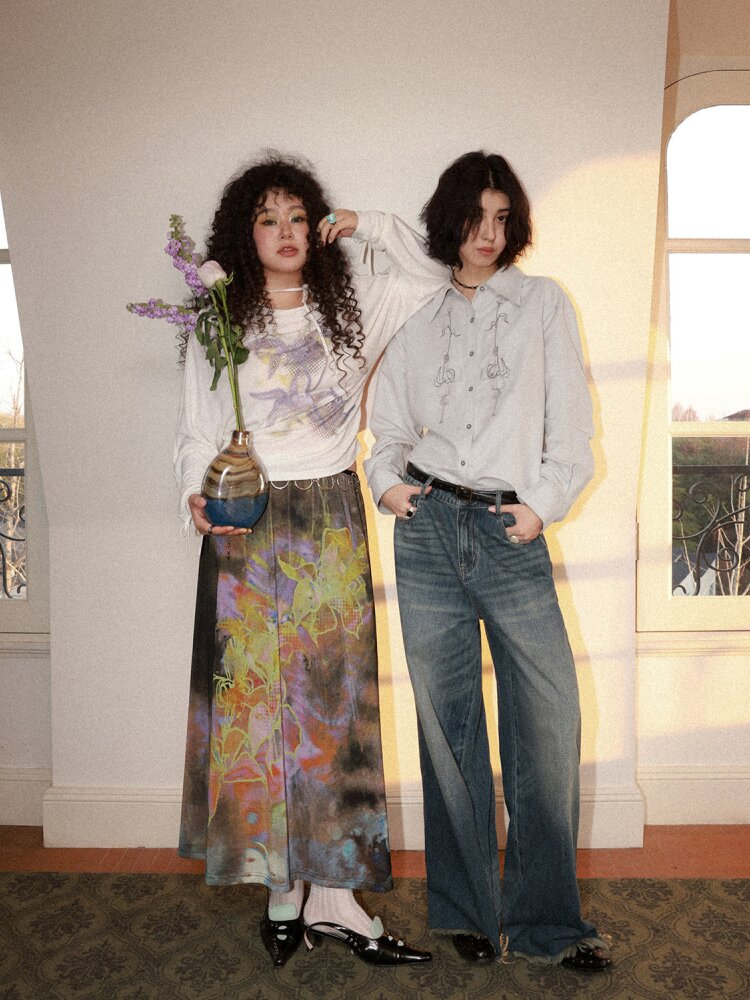 Suede Embroidered Lantern Sleeve Top【s0000015461】