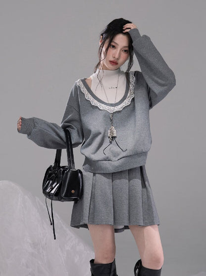 U-neck Sweatshirt Pleated Skirt Set【s0000015742】