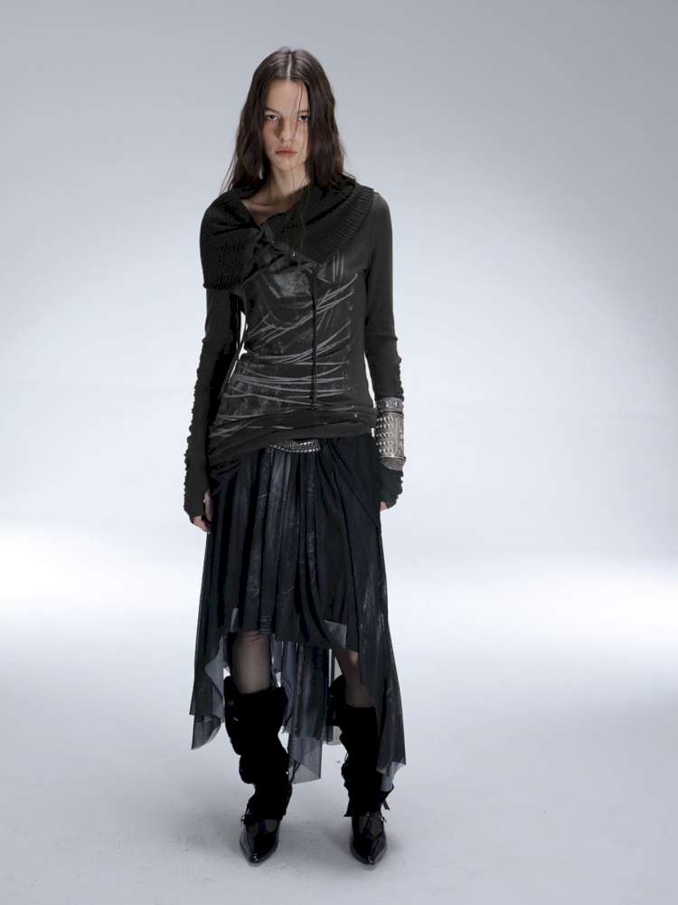 Original Shoulder Knit Stacked Collar Top【s0000014712】