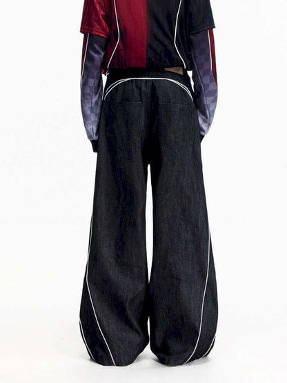 Red Trim Wide Leg Cotton Jeans【s0000015172】