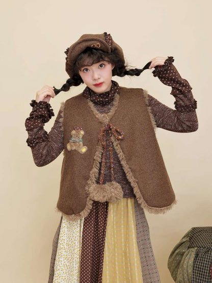 Vintage Girl Wool Plush Chef Bear Vest【s0000014845】