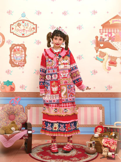 Red Navy Blue Jacquard Cardigan【s0000015570】