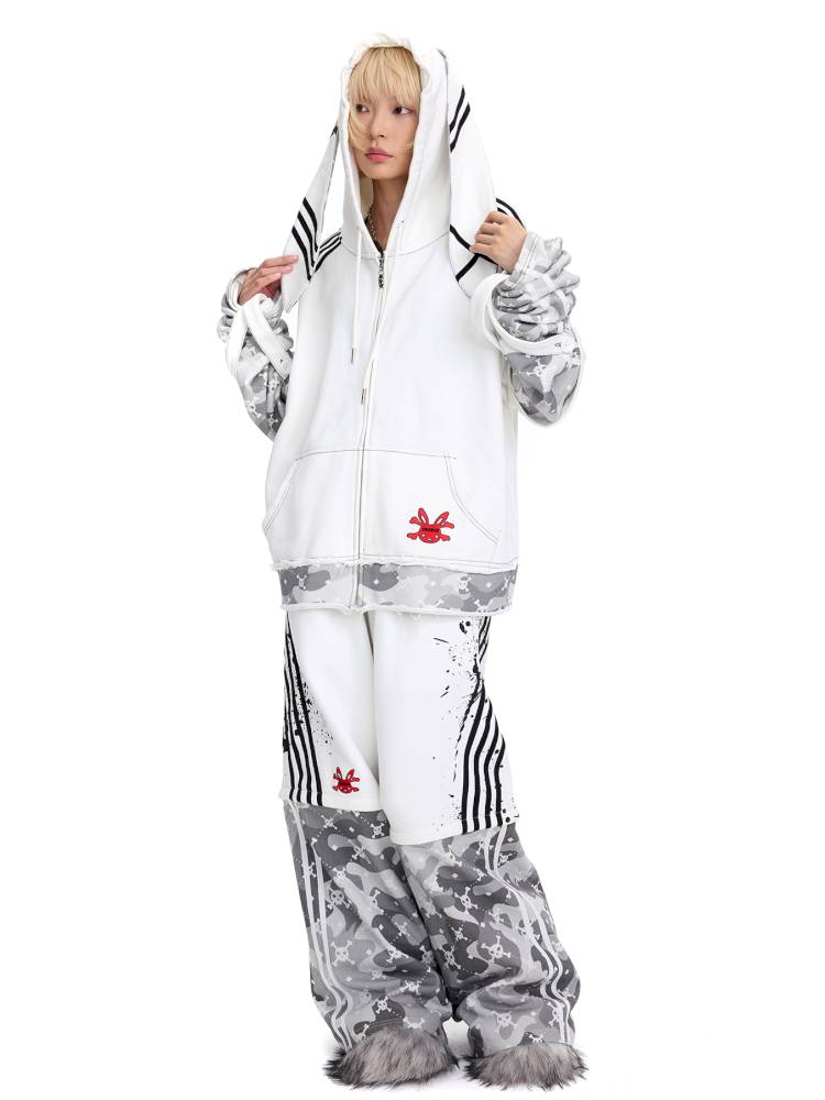 Skull Print Puff Sleeve Rabbit Ear Hoodie Jacket【s0000014419】