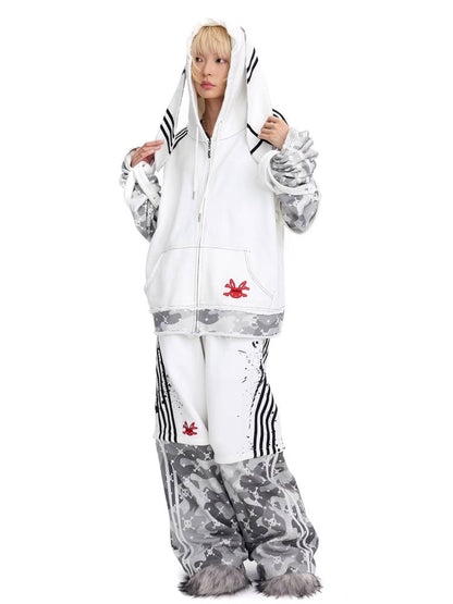 Skull Print Puff Sleeve Rabbit Ear Hoodie Jacket【s0000014419】