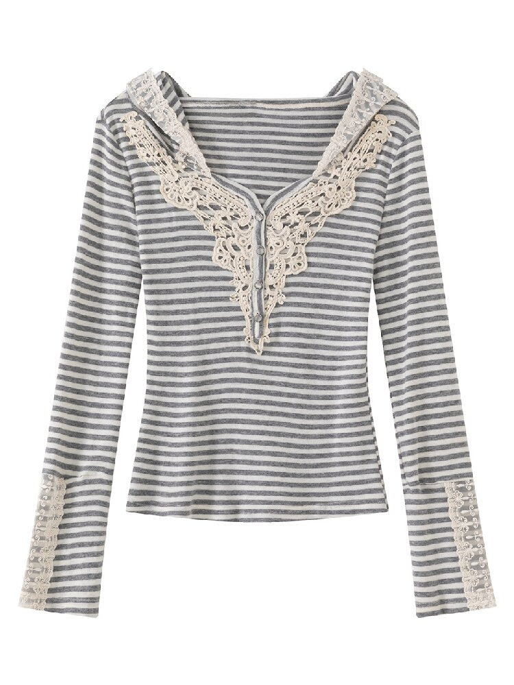 Lace Patchwork Striped Knit Top【s0000019240】