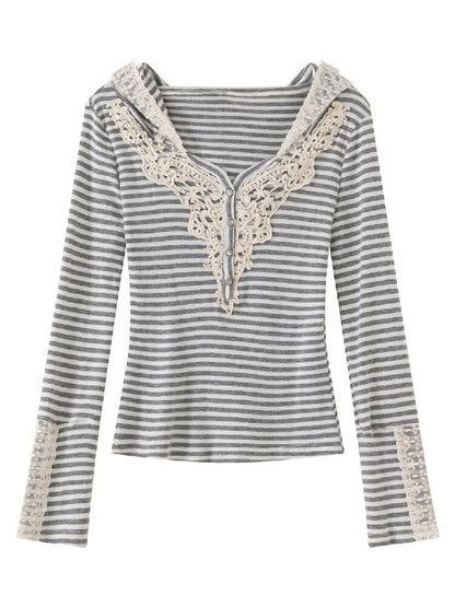 Lace Patchwork Striped Knit Top【s0000019240】