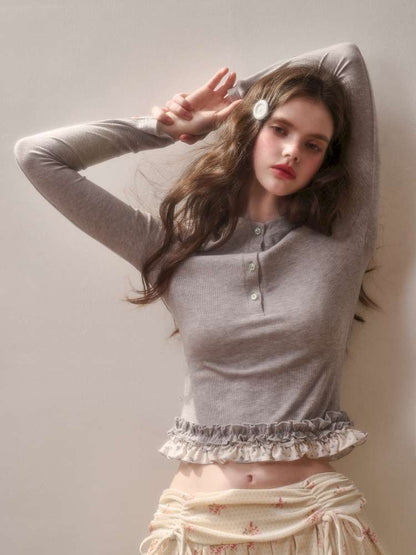 Comfortable Cotton Crew Neck Slim Lace Hem Top【s0000014895】