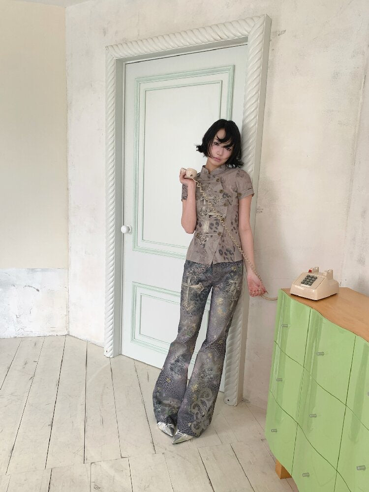 Leopard Cross Cotton Flared Pants【s0000018087】